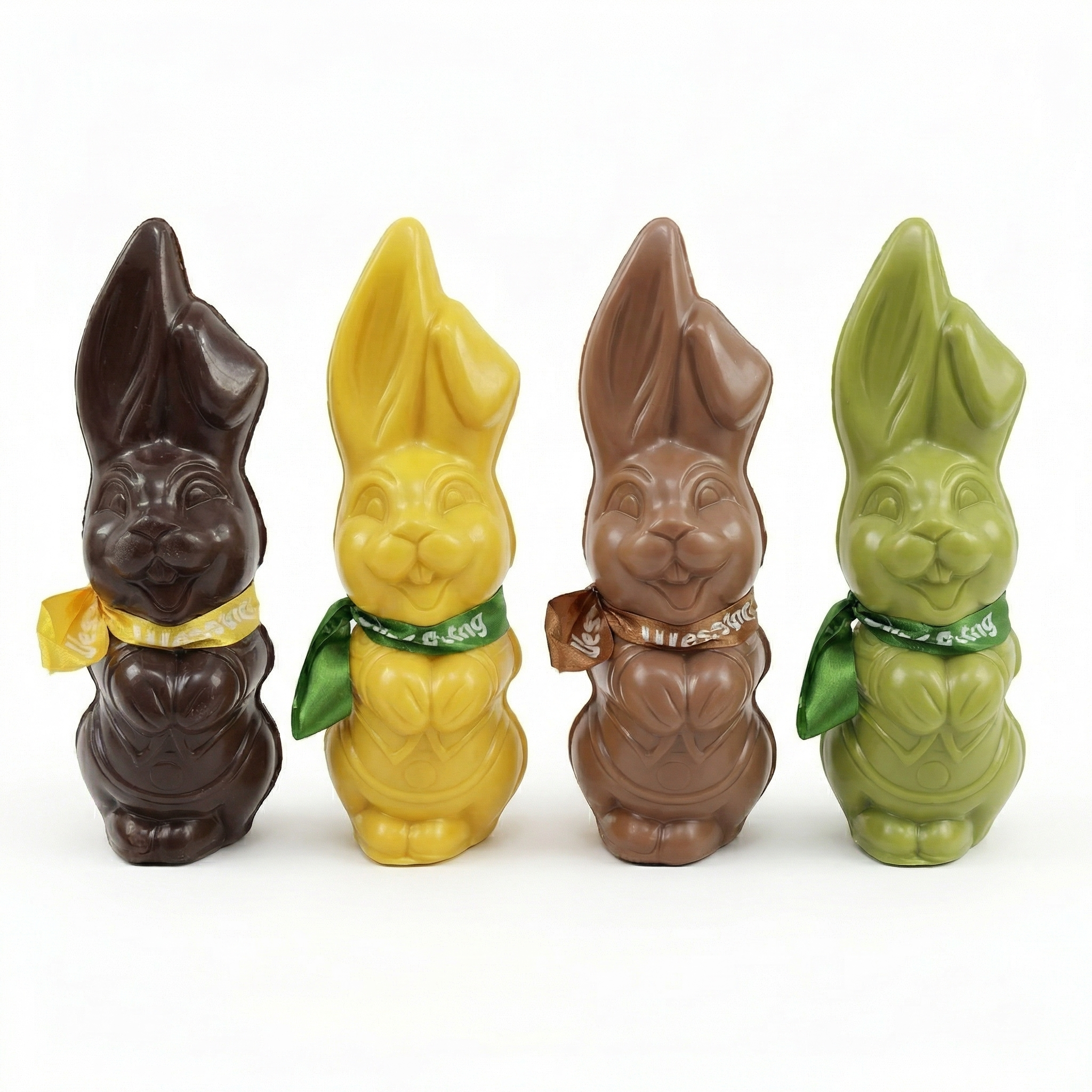 Chocolade haasje klein melk, puur of wit in groen of geel**